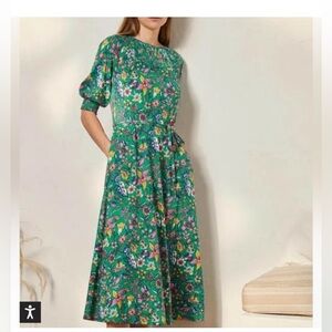 Boden Smocked Neck Green Floral Print Midi Jersey Dress